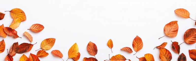 Obraz premium Autumn Leaves Border: Vibrant orange and brown leaves create a natural, rustic border along the bottom edge of a white background. Perfect for fall-themed designs, invitations, and social media posts.