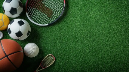 Sports Equipment on Green Grass: A collection of various sports equipment, including a basketball, soccer ball, tennis racket, golf ball, and badminton racket, lays scattered on artificial grass.