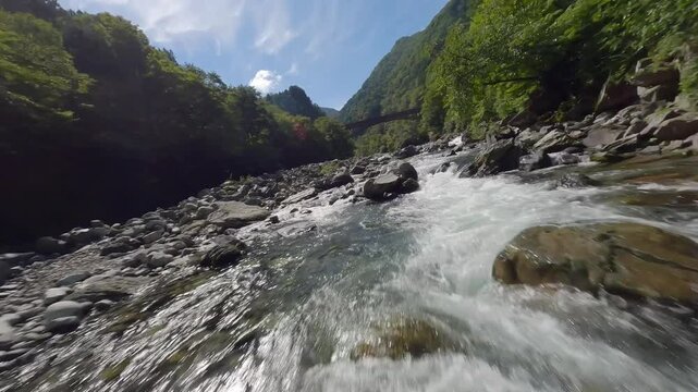 Beautiful River at Gandate Canyon with cascading waterfalls shot by FPV drone