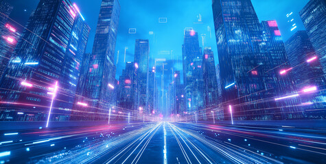 Blue technology line data city background