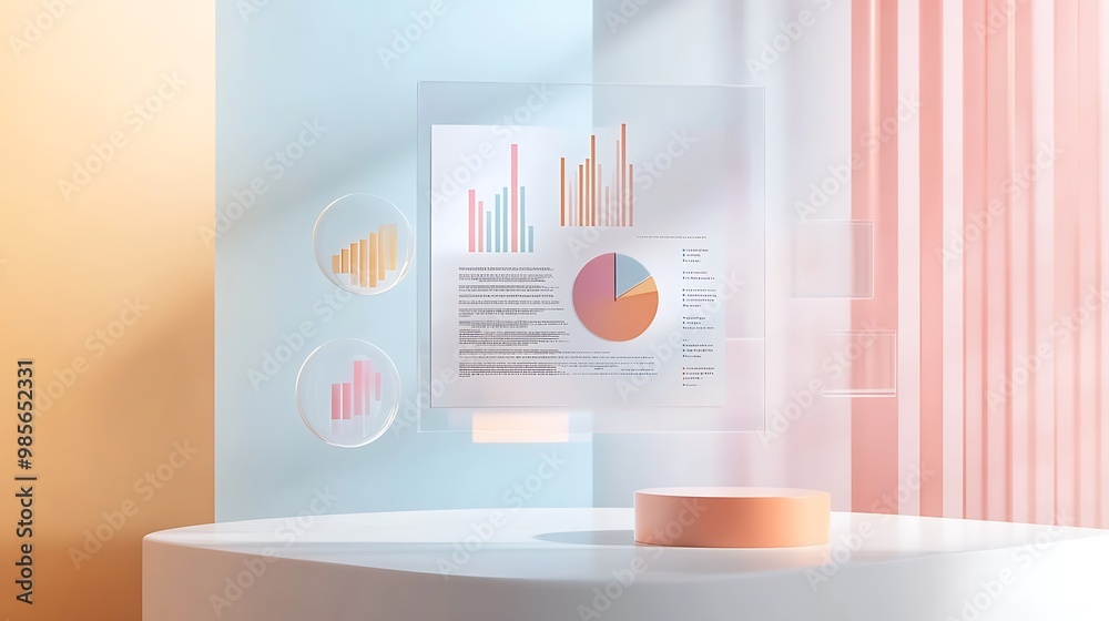 Poster holographic display with charts and graphs in a pastel color scheme