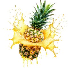 Whole Pineapple with Juice Splash Isolated on White Background, Ideal for Branding