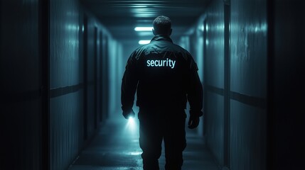 security guard in corridor with flashlight