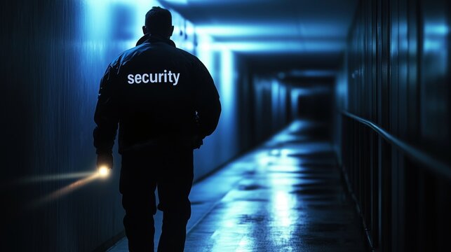 security guard in corridor with flashlight