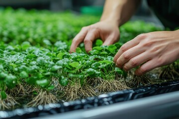 Scientist s hands examining plant roots in nutrient-rich water during hydroponic food research