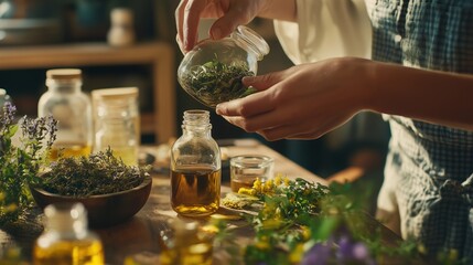 mixing oils herbs and other organic remedies homeopathy concept