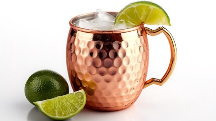 A Moscow Mule cocktail in a copper mug with lime wedges, refreshing and crisp, on a pure white background, strong lighting, reflective metal textures.  --ar 16:9 --no logo