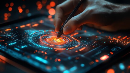 Hand using stylus on a digital tablet with glowing interface.