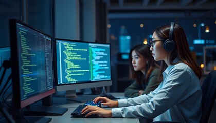 Woman with Headphones Programming on Computer in a Dark Office