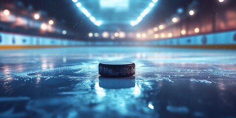Hockey Puck on Ice Rink.