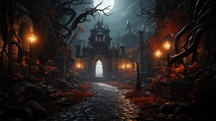 Gate with Halloween theme background. scary cemetery gate.