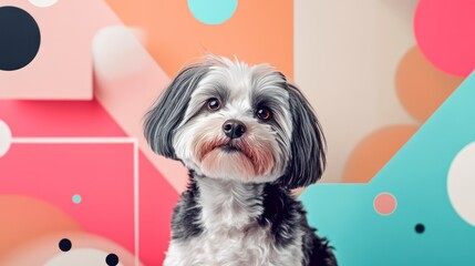 Cute dog with black and white fur looking at the camera against colorful geometric background.