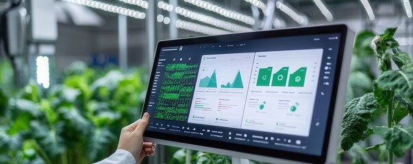 Digital dashboard displaying crop analytics in a precision farming lab, connected to smart sensors, sustainable agriculture