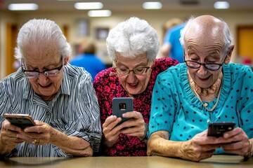 A group of seniors in a community center learning how to use smartphones, highlighting the empowerment of older adults through technology