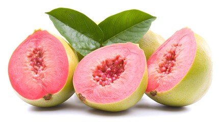 Fresh Red Guava Fruit Slices with Green Leaves on White Background