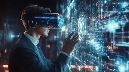 A businessman wearing VR headset interacting with digital interface.