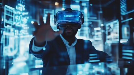 A businessman wearing VR headset interacts with virtual reality technology, surrounded by blue digital displays.