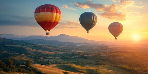 Obraz premium Hot Air Balloons Soaring Over Rural Landscape at Sunset.