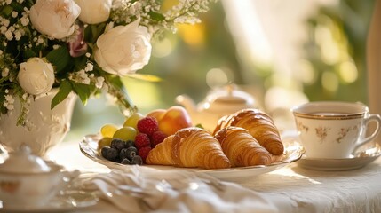 An elegant breakfast setup with honey drizzled over warm croissants, fresh fruit, and coffee