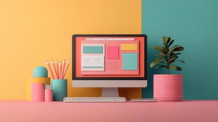 A colorful workspace featuring a computer, stationery, and a plant on a vibrant background, perfect for creative inspiration.