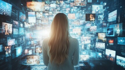 Caucasian Woman Engaging with Animated Metaverse Content: Exploring Big Data and Social Media