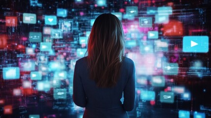 Caucasian Woman Engaging with Animated Metaverse Content: Exploring Big Data and Social Media