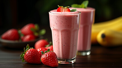 Two glasses of strawberry banana smoothies with fresh strawberries and banana slices.