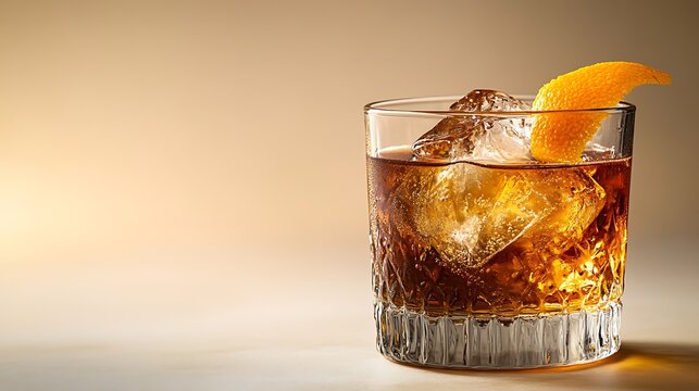 A rich Old Fashioned cocktail in a short glass, deep amber liquid with a large ice cube, garnished with an orange peel, on a plain white background, soft lighting, classic and elegant look. - Powered by Adobe