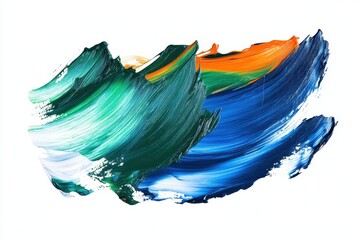 Abstract painting with vibrant brushstrokes in green, blue, and orange, evoking nature.