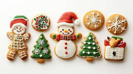 Christmas Cookies, Snowman, X'mas Tree, Gingerbread on White Background Homemade Food Design for Xmas Party Holiday Decoration. created with Generative AI
