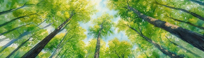 Fototapeta premium A serene view of a lush forest canopy, showcasing vibrant greenery and sunlight filtering through tall trees. Nature's tranquility.
