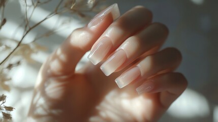 Close-up of nude nails with a soft focus background.