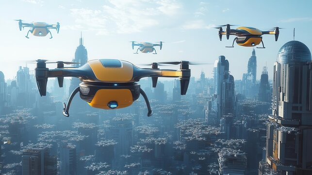 A stunning futuristic skyline with drones flying over a bustling city, showcasing advanced technology and urban innovation.