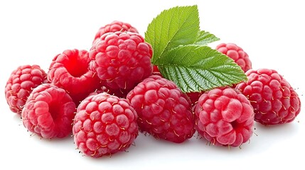 Fresh Ripe Red Raspberries with Green Leaf Isolated on White Background