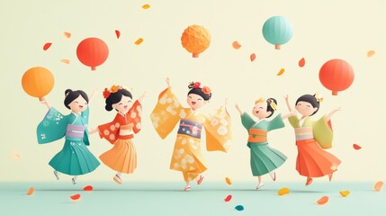Happy Japanese Girls in Kimonos with Lanterns