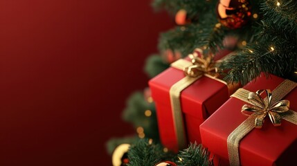 Christmas red gift boxes with golden ribbon on background Christmas tree. Xmas greeting card. Happy holiday. Copy space