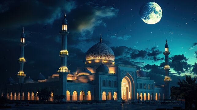 A beautiful mosque illuminated at night, with a large moon in the sky.