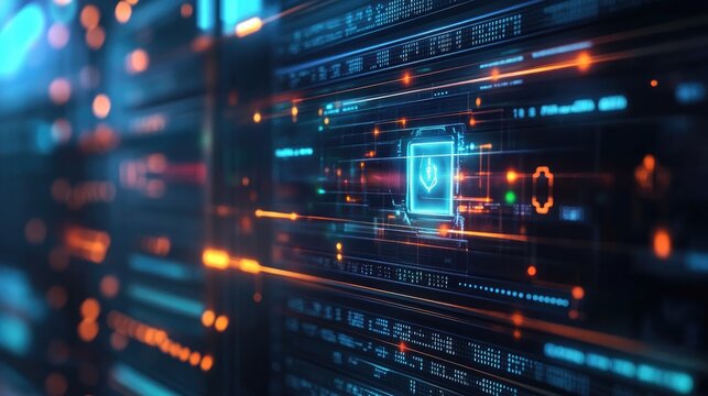 Close-up of a secure server with advanced encryption technology and real-time security metrics visible
