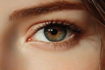 Obraz premium Close-up of a mesmerizing green eye with delicate eyelashes, showcasing natural beauty and detailed features.