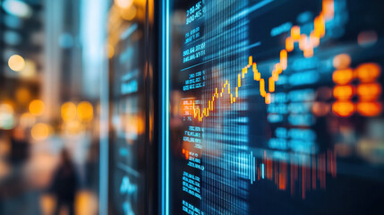Close-up of digital screen showing downward-trending line graph symbolizing Fed rate cut, surrounded by financial charts and news headlines, key financial indicator visualization.