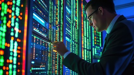 IT specialist managing a server with a digital display featuring encryption codes and real-time security updates