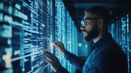 IT specialist managing a server with a digital display featuring encryption codes and real-time security updates