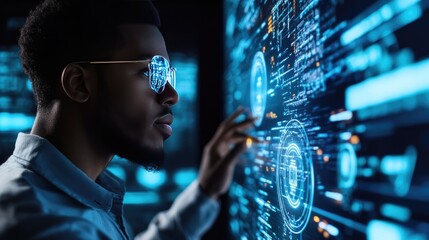 IT specialist monitoring a server with a futuristic interface showing encryption codes and security alerts