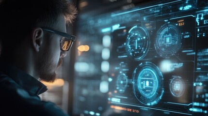 IT specialist monitoring a server with a futuristic interface showing encryption codes and security alerts