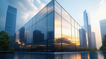 Modern glass building reflecting sunset with urban skyline in the background, showcasing architecture and city life.