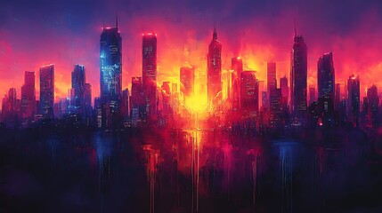 Obraz premium Futuristic graffiti cityscape, with bold street art patterns and dripping neon colors covering the buildings, abstract urban shapes glowing under city lights,