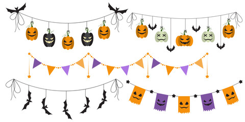 Halloween party decoration garland set with bats, pumpkins, witch hat. Cute Jack O Lantern Evil Pumpkin Garland Set for Halloween. Simple banner hanging party classy decor vector element. © Svitlana Tolmach 