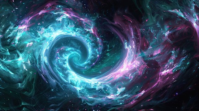 Swirling neon nebula of teal and magenta with pixelated fractals and glowing textures on a retro space game-inspired background