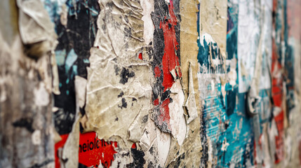 Fototapeta premium Urban street torn weathered posters, layered colorful grunge texture, artistic decay and old walls concept