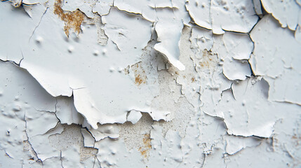 Obraz premium Closeup of peeling white paint on weathered wall, texture, macro photography, weathering concept